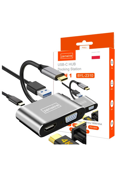 zenwire Adaptor HUB USB-C 4-în-1 Zenwire®, HDMI 4K 30Hz, VGA Full HD, USB 3.0...