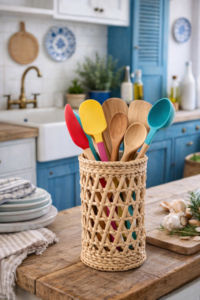 Marrone حامل أدوات مائدة من الخيزران، سلة خيزران أصلية الطراز