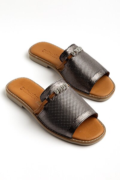Dilimler Ayakkabı Genuine Leather Women's Flat Heels Slipper Platinum Face La...