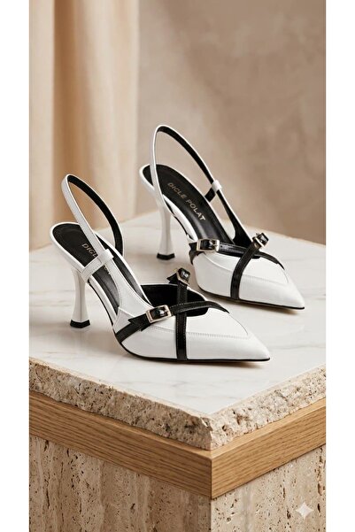 diclepolat Γυναικείο λουστρίνι με μυτερή μύτη σε λευκό και μαύρο χρώμα Με αγκ...