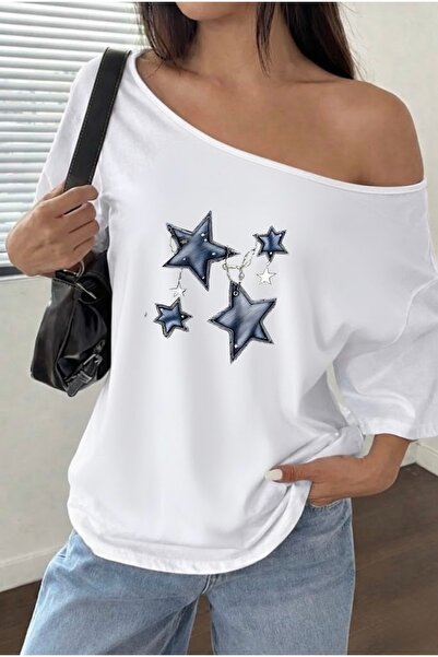 FUFLUNS Oversize Women's Boat Neck T-Shirt with Chained Star Print