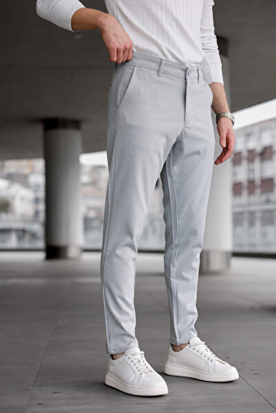 MODAMESTO Men's Light Gray Slim Fit Patterned Dobby Casual Trousers