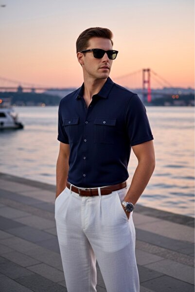 Maccali Men's Trend Mercerized Double Pocket Navy Blue Polo Neck T-Shirt