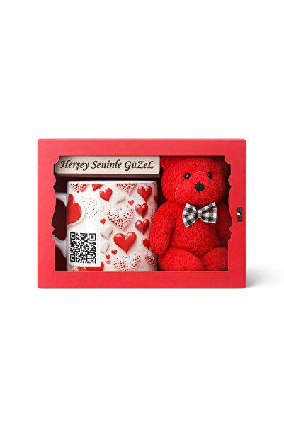 ARLİZER Ahşap Çerçeveli Romantik Hediye Seti – Peluş Ayıcık ve Kalp Desenli Kupa