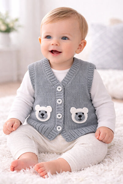 BEBEKSHOP Ayıcık Desenli Bebek Yeleği – Gri (0-1 Yaş)