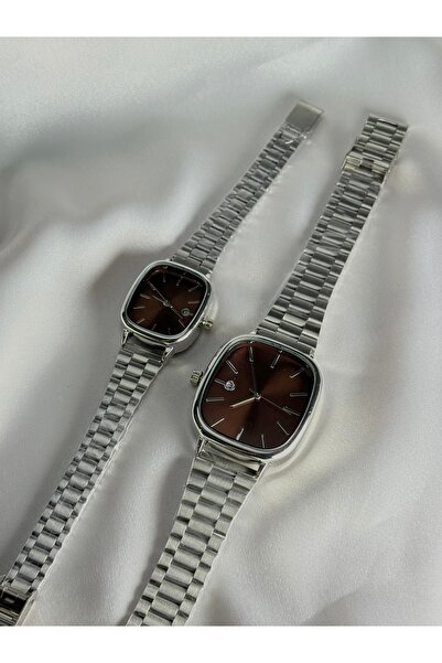 Sachka Sevgili Çift Saatleri Gümüş Çelik Kordon Koyu Bordo Kadran Kare Kasa U...