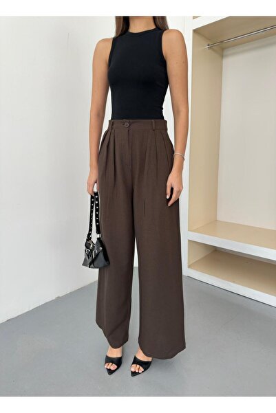 QUASAR Fashion New Season K Linen Fabric Three-Pleated Bridged Wide-Legged Wi...