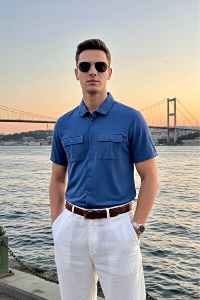 Maccali Men's Trend Mercerized Double Pocket Indigo Polo Collar T-Shirt