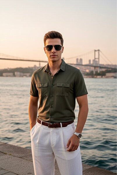 Maccali Men's Trend Mercerized Double Pocket Khaki Polo Collar T-Shirt