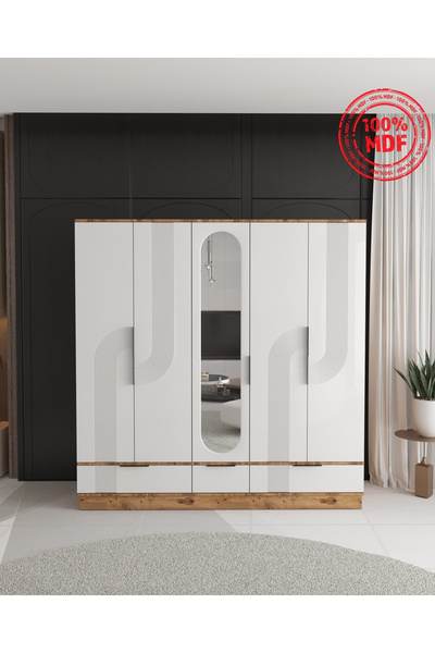 Teen & Bright EKİN 5 KAPAKLI ÇEKMECELİ BAZALI GARDIROP - TAMAMI MDF