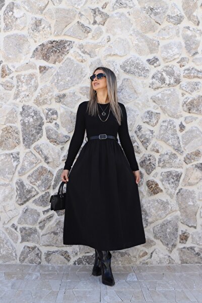 bytugcekaya Rochie neagră cu guler rotund, set de curea piese, cu fustă cloș