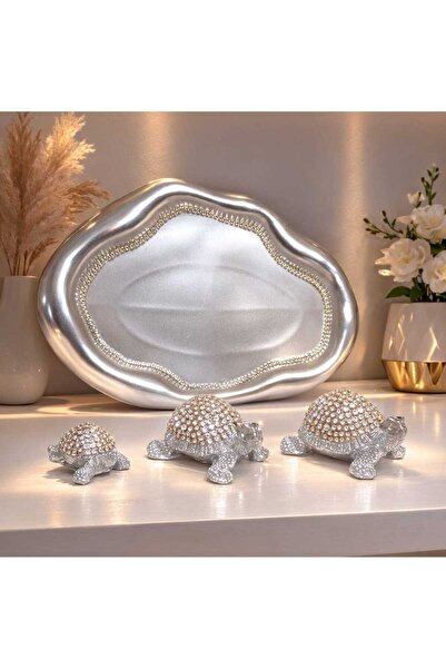 rakaymu 4 Parça Kristal Taşlı Tepsili Kaplumbağa Biblo Seti Salon Aksesuar De...