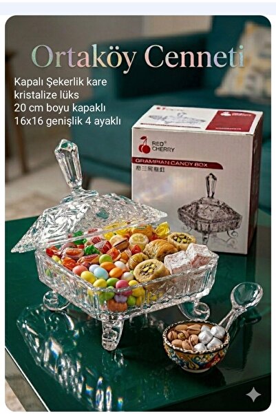 ORTAKÖYCENNETİ KAPAKLI KRISTALIZE ÇİKOLATALIK ŞEKERLİK SUNUMLUK KARE 16 CM KA...
