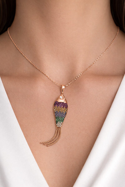 liore dünyası 925 Ayar Gümüş Rose Kaplama Zirkon Taşlı Balık Kolye