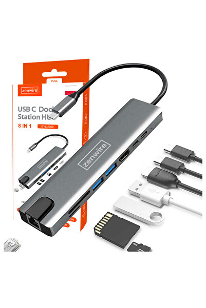 zenwire Hub 8 in 1 Adaptor HDMI 4K, USB-C, 2X USB 3.0, Cititor de carduri SD,...