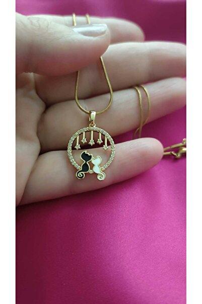 shop 316L Çelik Zirkon Taşlı Aşık Kediler Kolye – Gold Renk Yıldızlı Kedi Fig...