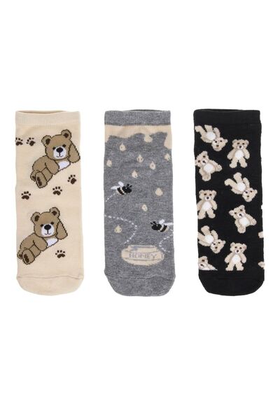 OEM Women's Short Socks Grey Beige Black with Patterned – 3 pairs. 36-41