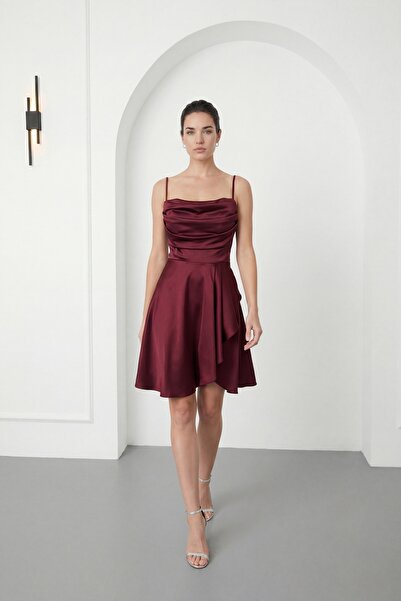 Lafaba Women's Burgundy Ruffled Slit Short Satin Evening Dress & Graduation D...