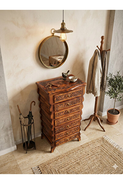 DNC Art&Deco El İşçiliği Rustik 7 Çekmeceli Oyma Desenli Masif Ahşap Dar Şifo...