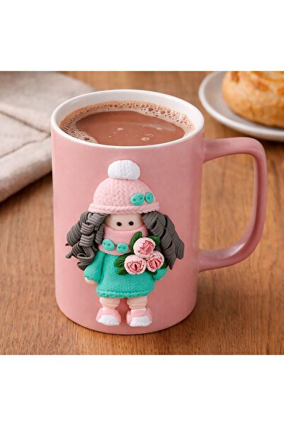OEM Pink Ceramic Mug with 3D Girl with Flowers 435ml