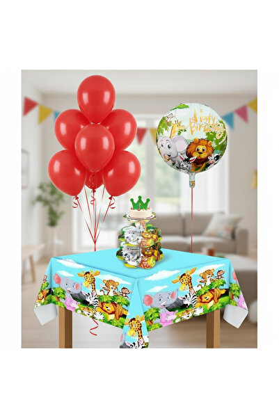 Umamiçe Safari Party Set – 10 Red Balloons + Foil Balloon + Cake Stand + Tabl...