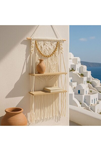 OEM Decoratiune Suspendabila Raft Dublu din Lemn cu Model Macrame 41x13x82cm