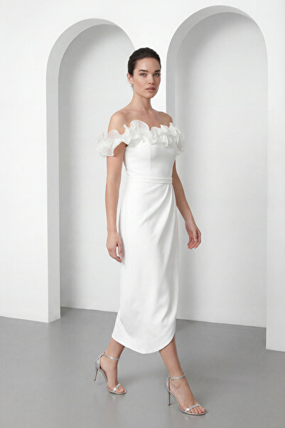 Lafaba Women's White Boat Neck Flounce Detail Promise Engagement Wedding Even...