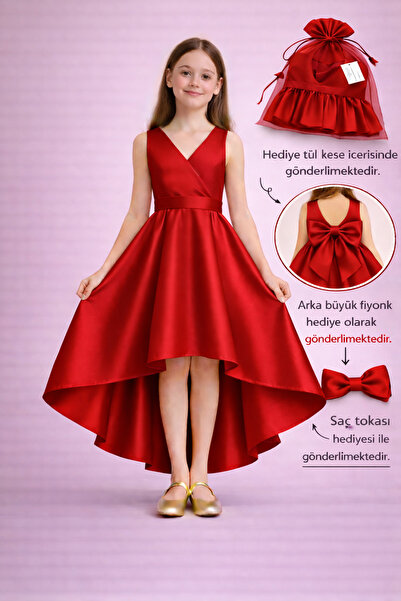 nsmkidslife Κόκκινο βραδινό φόρεμα για κορίτσια – Διπλό στήθος, ασύμμετρη κοπ...