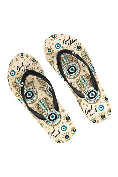 OEM Black Ecru Beach Slippers with Golden Palm Fatima Blue Eyes "Good vibes" ...
