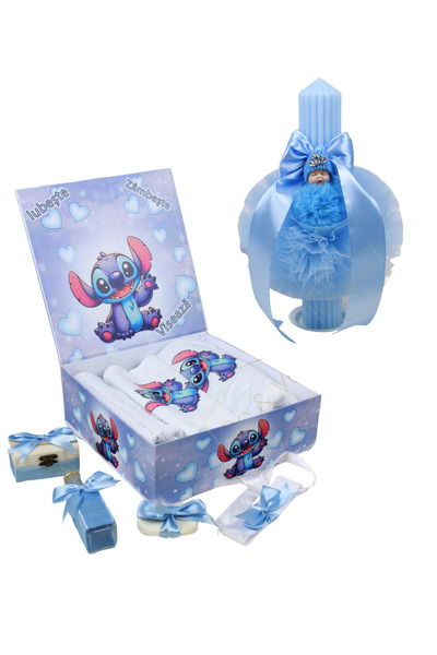 GoVo Kids Trusou botez cu lumanare, Stitch – Set complet botez, 8 piese, Cado...
