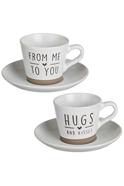 OEM Set of 2 Ecru Brown Ceramic Cups with Saucer & Messages 250ml