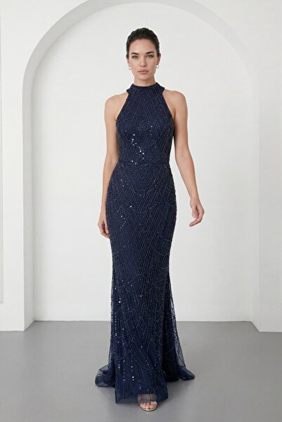 Lafaba Women's Navy Blue Slim Fit Halter Neck Stone Long Fish Evening Dress