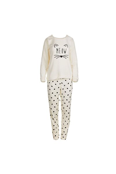 OEM Women's Ecru Fleece "Meow" Cat Winter Pajama Set Large-XLarge