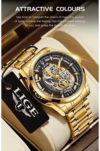 Lige Luxury Men's Stylish Skeleton Design Steel Sports Wristwatch