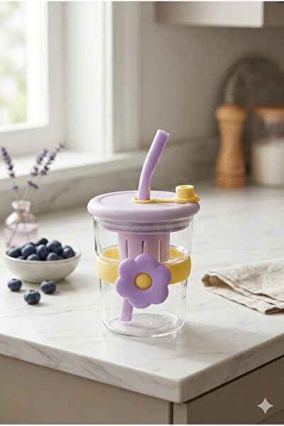 Homerest Daisy Figured Glass Detoks Bottle, Heat Resistant Glass Cup with Str...