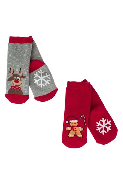 OEM Christmas Socks Grey Red Deer Gingerbread Man Anti-slip for Babies - 2pcs...