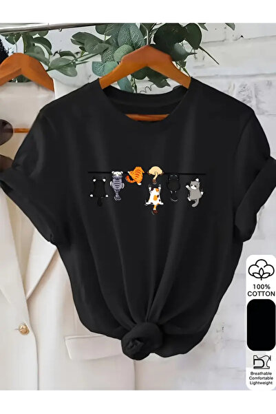 AEMİ Unisex Cats on a Wire Printed Oversized Crew Neck T-Shirt
