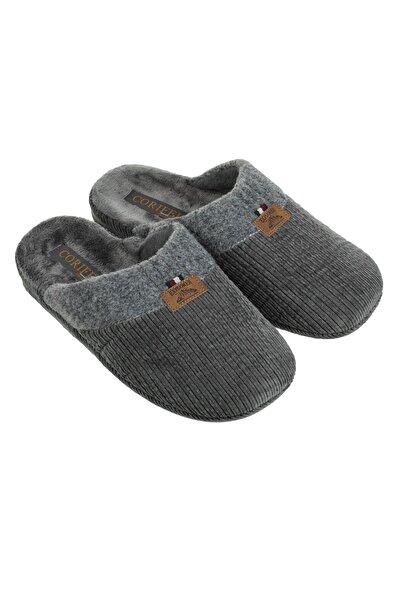 OEM Men's Gray Striped Leather Striped & Patch Winter Slipper 41-42