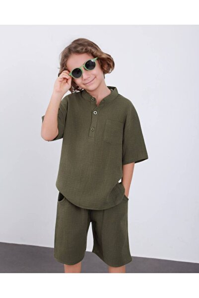 Jolly Kids Boy's Muslin Fabric Khaki Collar Summer Suit