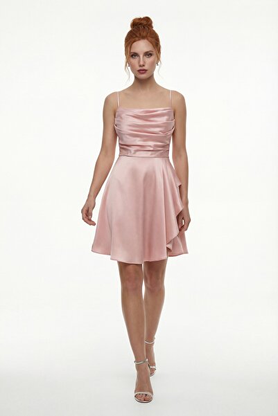 Lafaba Women's Powder Ruffled Slit Short Satin Evening Dress & Graduation Dress