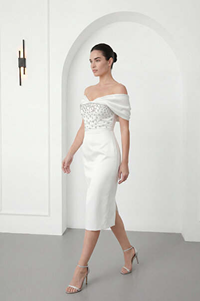 Lafaba Women's White Boat Neck Stoned Midi Promise Engagement Wedding Evening...