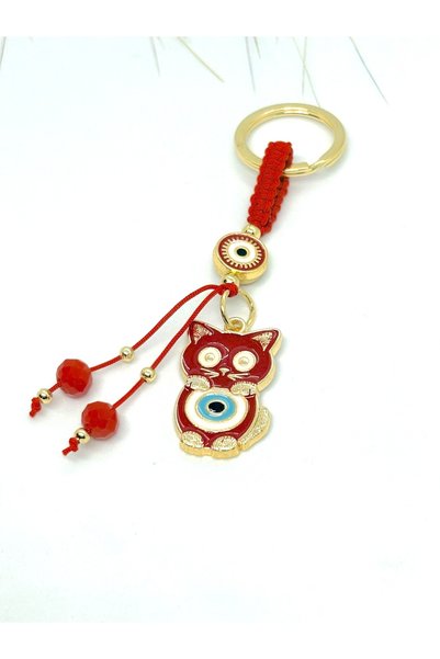 Azrua Red Cat Metal Keychain, Luck Keychain, Metal Evil Eye Bead Keychain