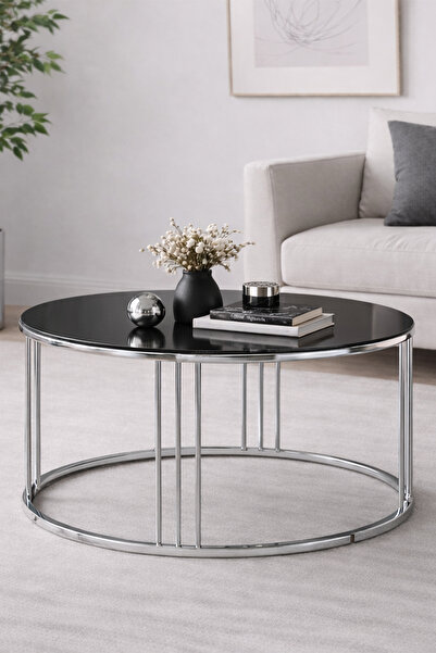 boons Palmira Modern Orta Sehpa Dekoratif Salon Sehpası, Krom - Siyah
