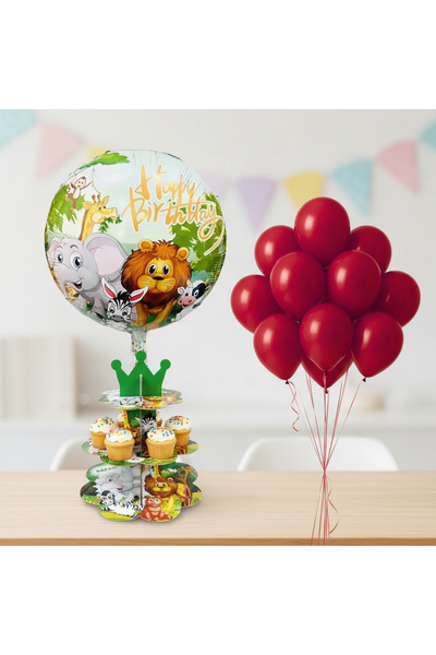 Umamiçe Safari Party Set – 10 Red Balloons + Foil Balloon + Cake Stand