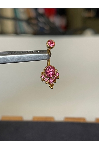 Rupen Kraft G23 Titanyum Göbek Piercingi %100 Titanyum Pembe Taş Altın Titany...