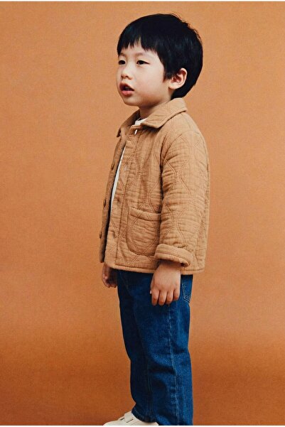 Magu Boy's Cotton Piece Camel Quilted Jacket T-Shirt Jean Pants Set