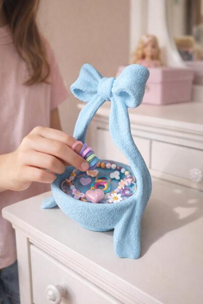 STANDORA وعاء مجوهرات مزخرف بفيونكة زرقاء - منظم ثلاثي الأبعاد بمظهر خرساني و...