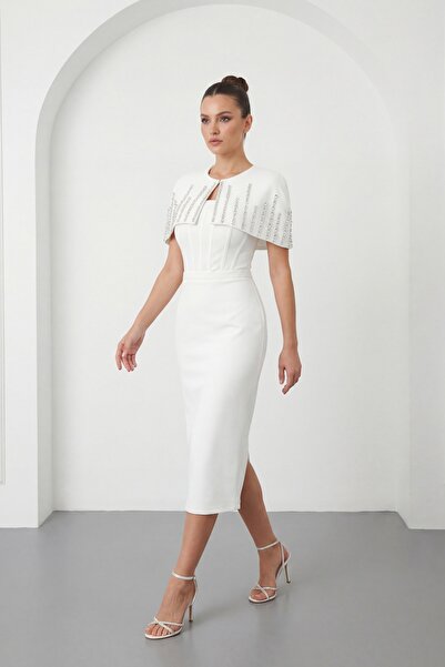 Lafaba Women's White Slim Fit Jacketed Stoned Midi Promise Engagement Wedding...