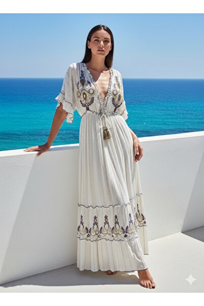 Fibula Elegant Authentic and Bohemian Embroidered %100 Imported Maxi Dress in...