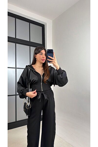 ALVOR Black Satin Detailed Cardigan and Elastic Waist Pants Design Set